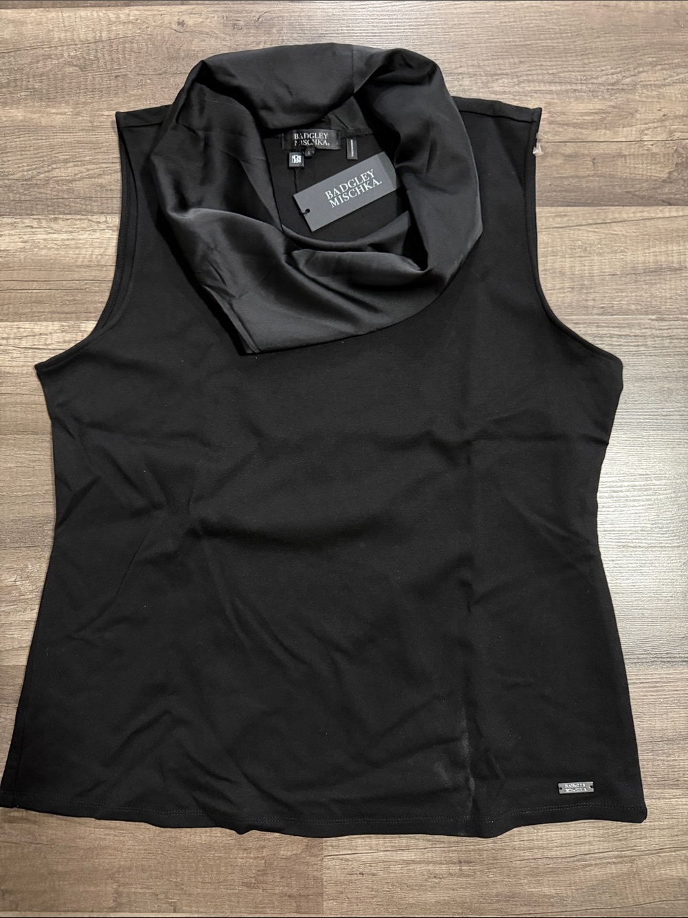 Badgley Mischka Black Satin Cowl Neck Sleeveless Top